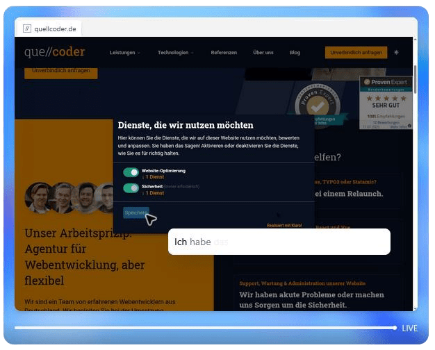 Der Agent interagiert mit der Seite und bestätigt zum Beispiel selbstständig Elemente wie Cookie Consent Tools oder Popups.