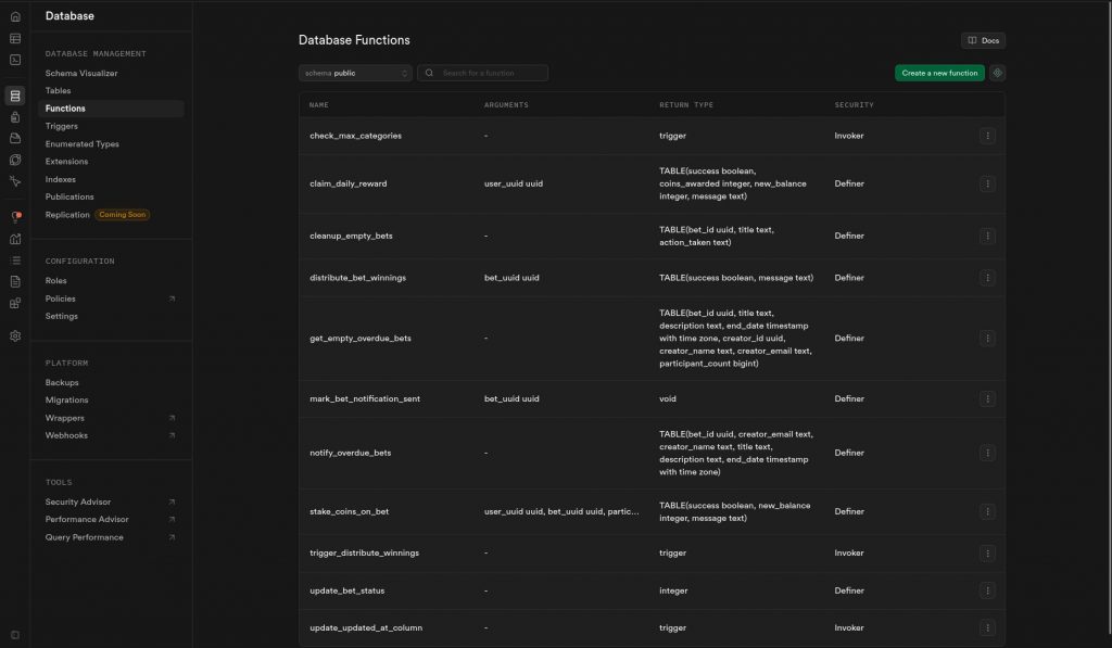 Trigger, Events und Funktionen lassen sich direkt im Dashboard schreiben und die Ausführung steuern.