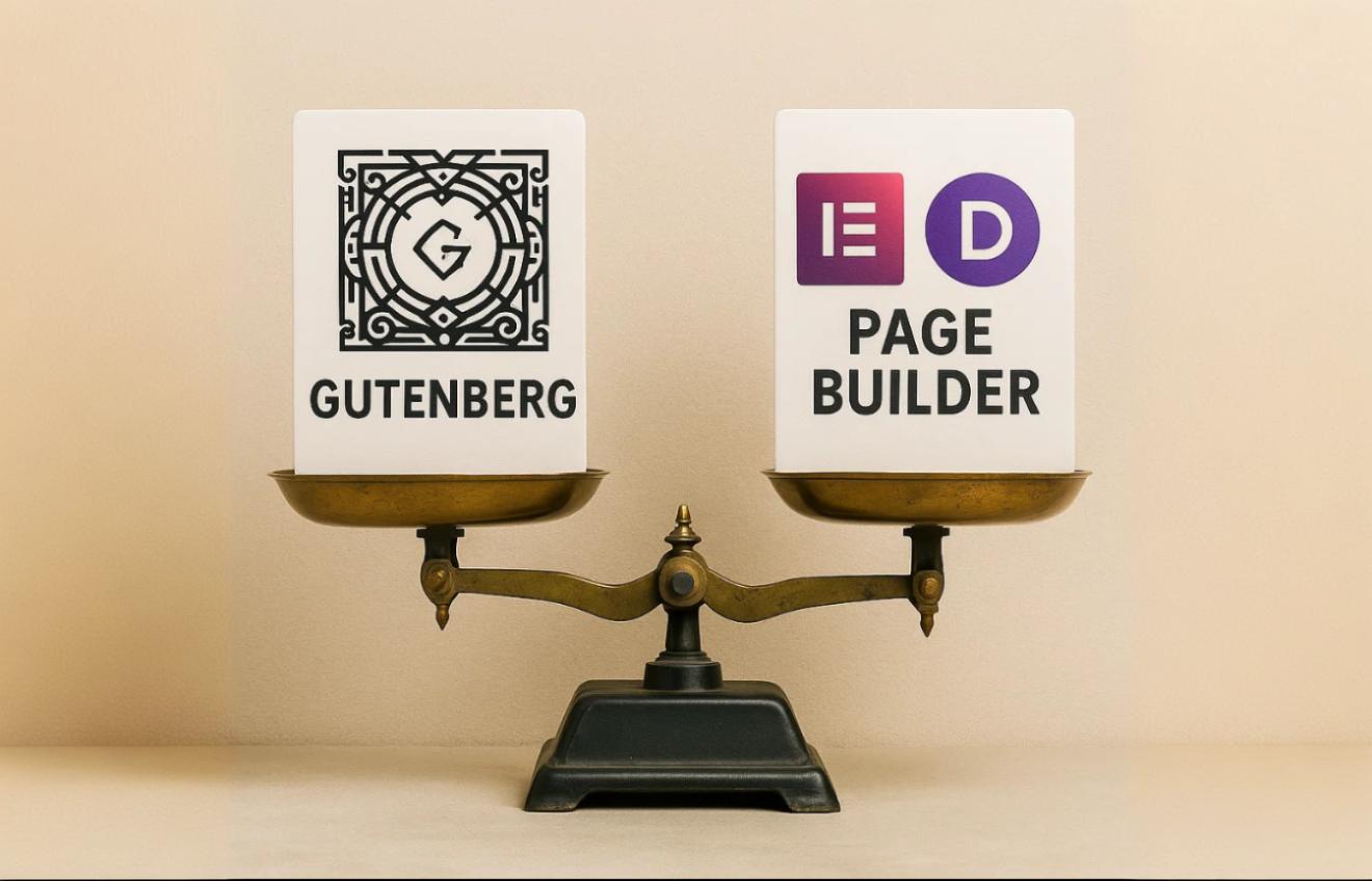 Eine Waage die Vor- und Nachteile zwischen dem Gutenberg Editor und Pagebuildern wie Elementor in WordPress abwägt