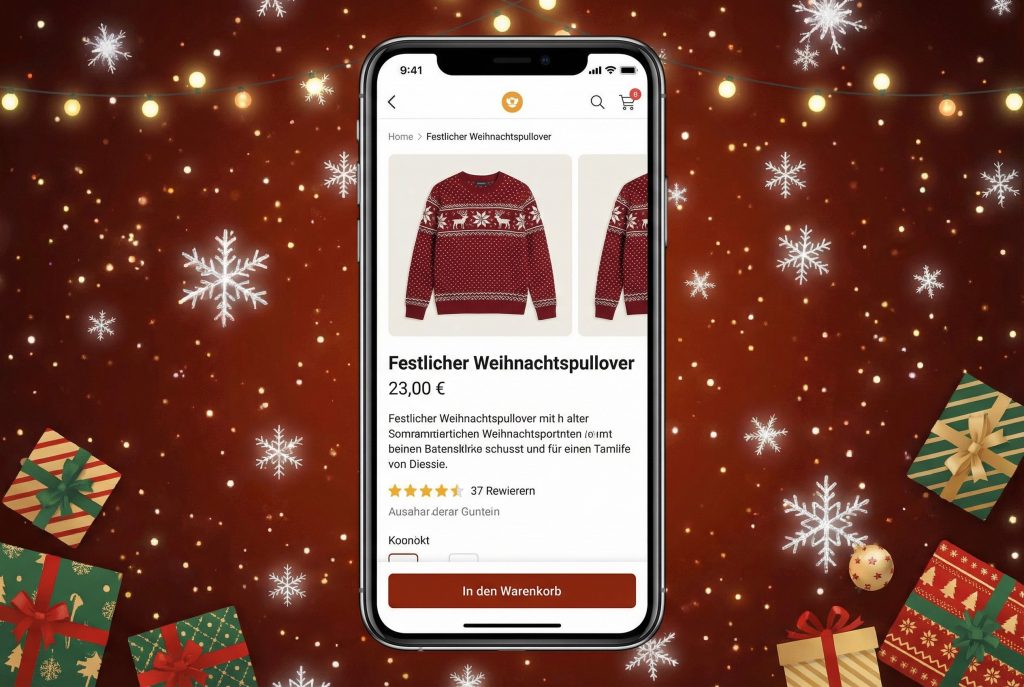 Mobile Ansicht eines Onlineshops, die einen fixierten, klickbaren 'In den Warenkorb'-Button am unteren Rand des Bildschirms zeigt, während der Nutzer durch die Produktbeschreibung scrollt
