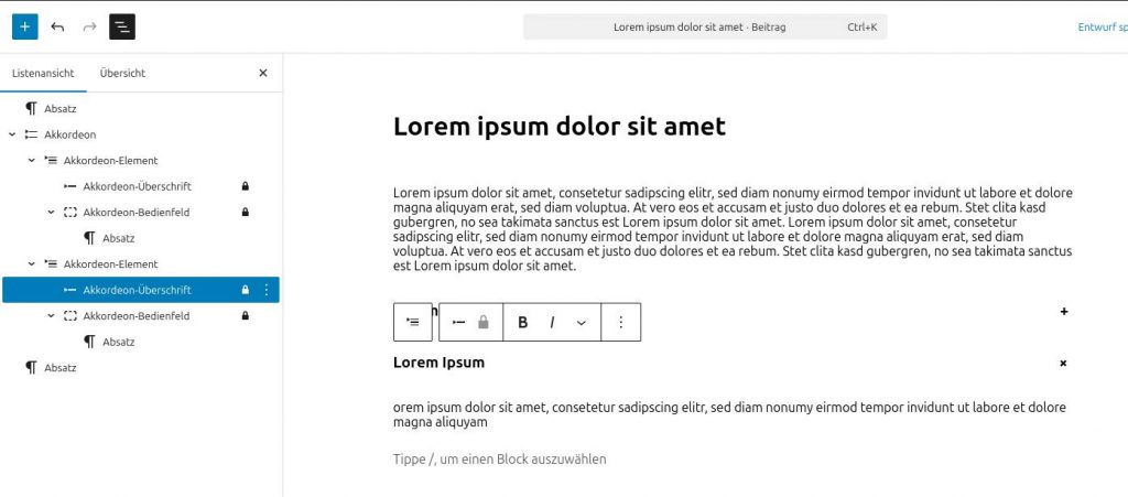 Oft gewünscht, immer individuell programmiert. Jetzt zieht Gutenberg endlich nach und bringt die häufig genutzten Akkordions in den Gutenberg Standard. Diese werden zum Beispiel gerne für FAQ Sektionen verwendent.
