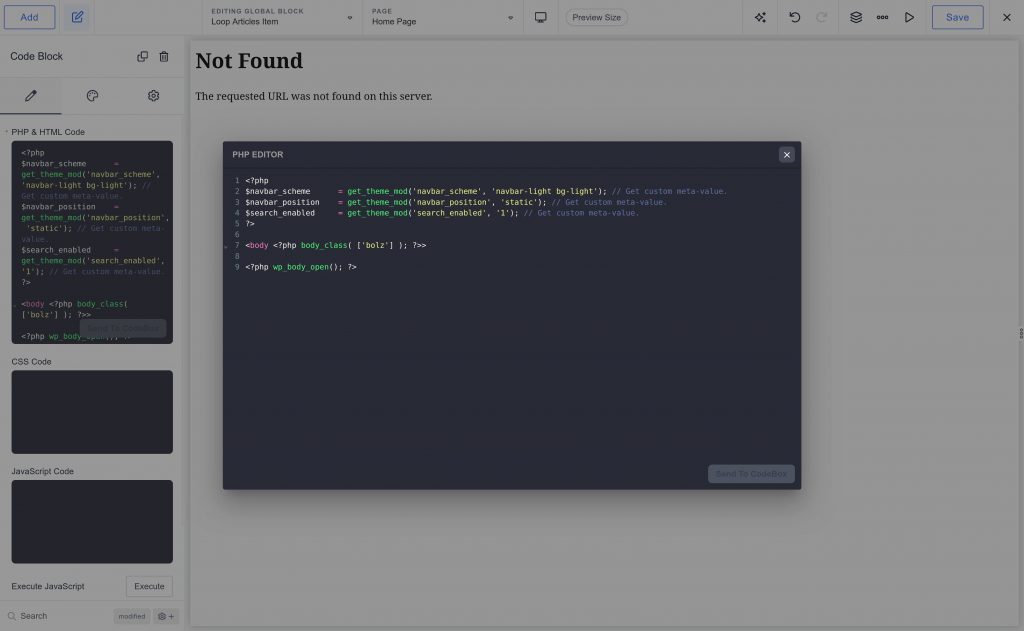 Der Codeeditor in Breakdance erlaubt die direkt Bearbeitung von PHP, JavaScript und HTML / CSS mit Syntax Highlighting.