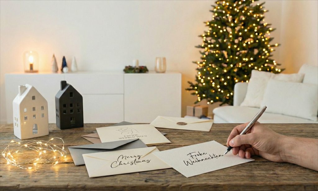 Nahaufnahme einer Hand, die mit einem eleganten Stift den persönlichen Gruß "Frohe Weihnachten" auf eine Karte schreibt, umgeben von minimalistischer Weihnachtsdeko auf einem rustikalen Holztisch.