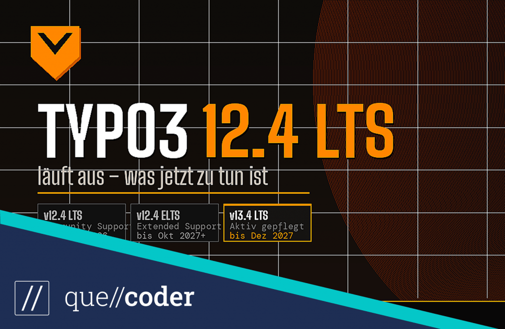 TYPO3 12.4 LTS läuft aus – Featured Image mit Versionsübersicht v12.4 LTS, v12.4 ELTS und v13.4 LTS auf dunklem Hintergrund im TYPO3-Corporate-Design