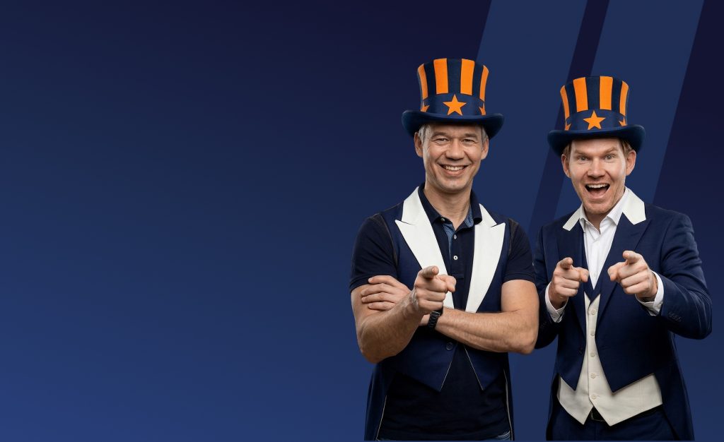 Hendrik Seiler und Darius Mozgiel von quellcoder im Stil von Uncle Sam bewerben eine Umfrage