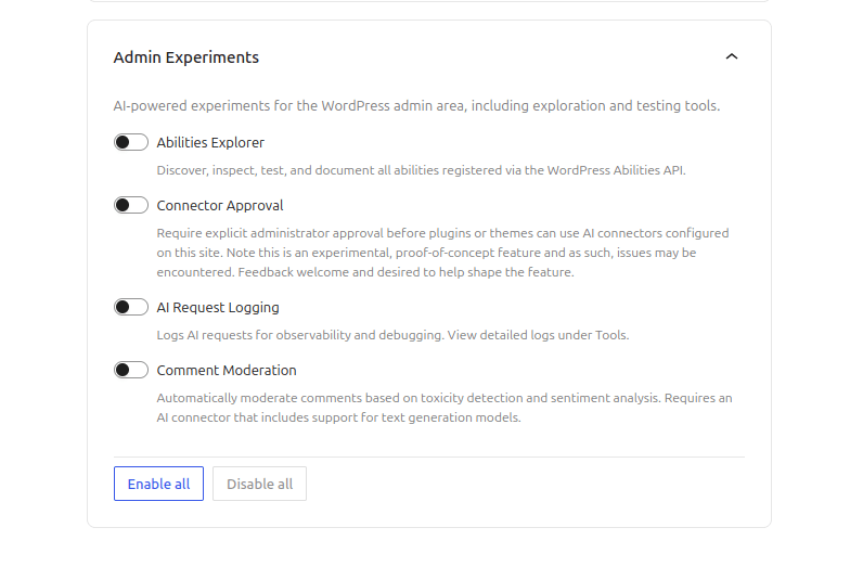 Liste der Admin Experiments im WordPress 7.0 AI Plugin mit Toggles für Abilities Explorer, Connector Approval, AI Request Logging und Comment Moderation