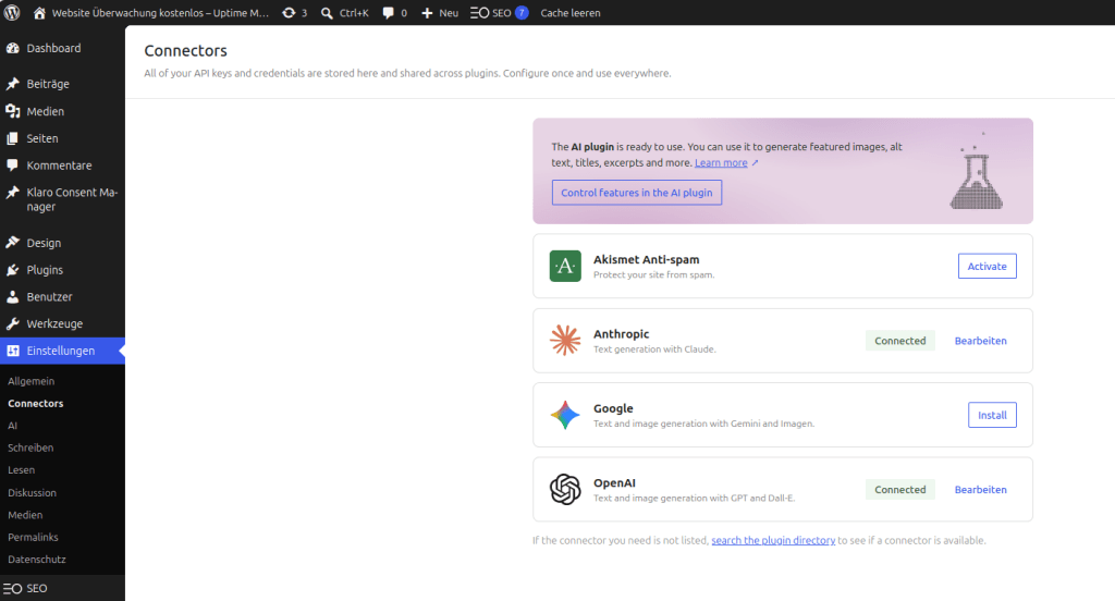 Man verbindet sich direkt mit den APIs der LLMs seiner Wahl. Zusätzlich muss das WordPress KI Plugin installiert werden, was dann alle optional zuschaltbar macht.