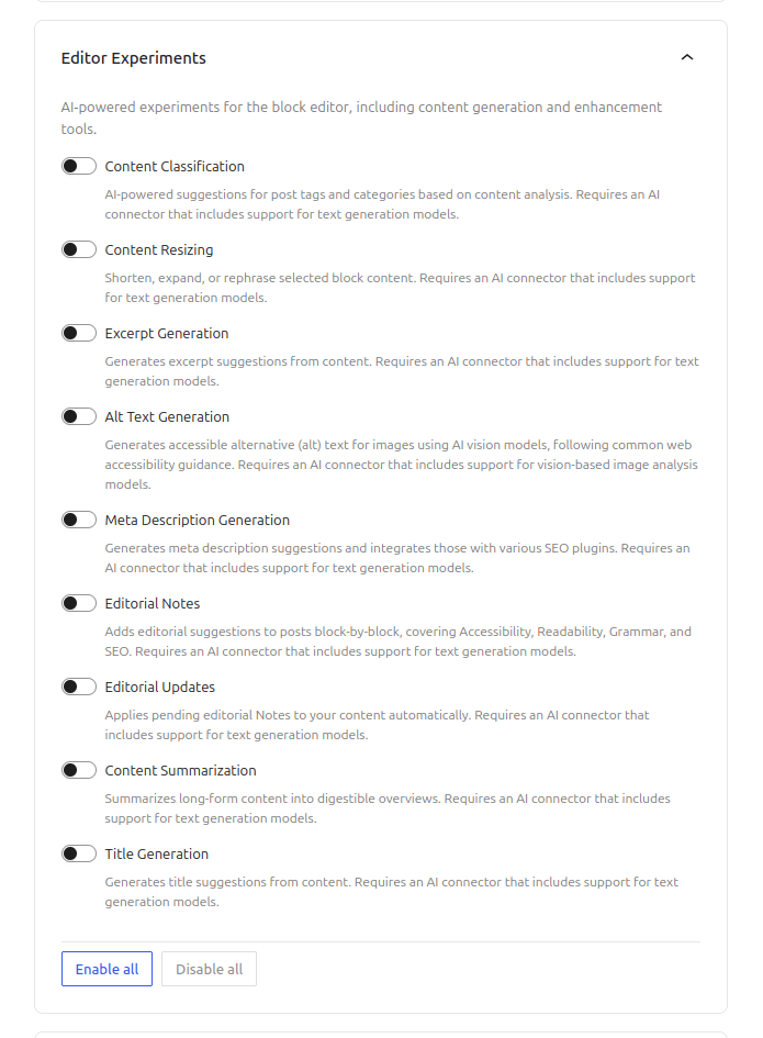 Liste der Editor Experiments im WordPress 7.0 AI Plugin mit Toggles für Content Classification, Content Resizing, Excerpt Generation, Alt Text Generation, Meta Description Generation, Editorial Notes, Editorial Updates, Content Summarization und Title Generation
