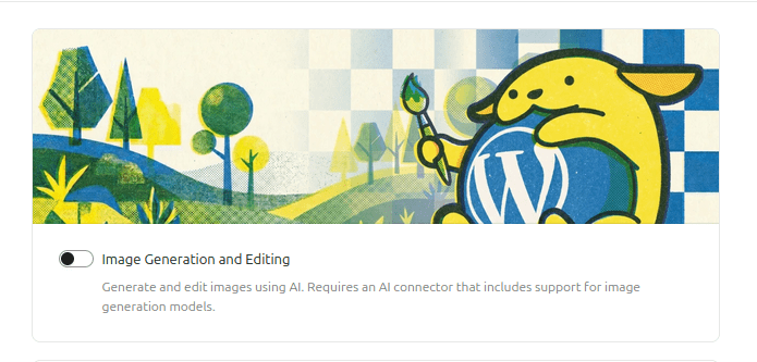 Übersicht der AI-Einstellungsseite in WordPress 7.0 mit Image Generation, Editor Experiments und Admin Experiment