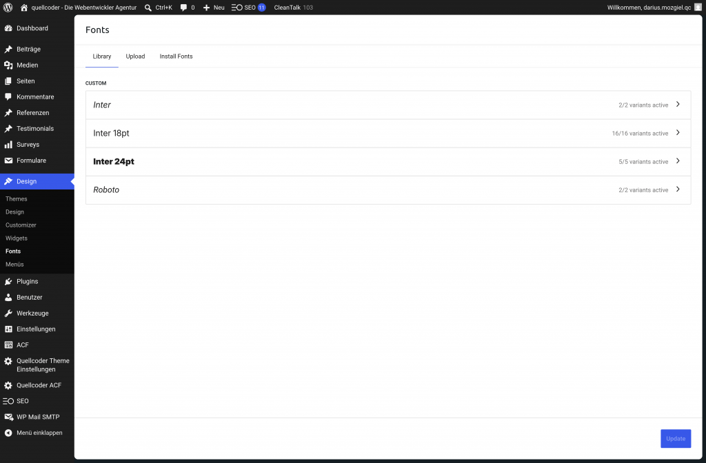 Man kann nun Fonts direkt hochladen oder (wenn man wirklich will - was man nicht sollte) Google Fonts direkt einbinden.