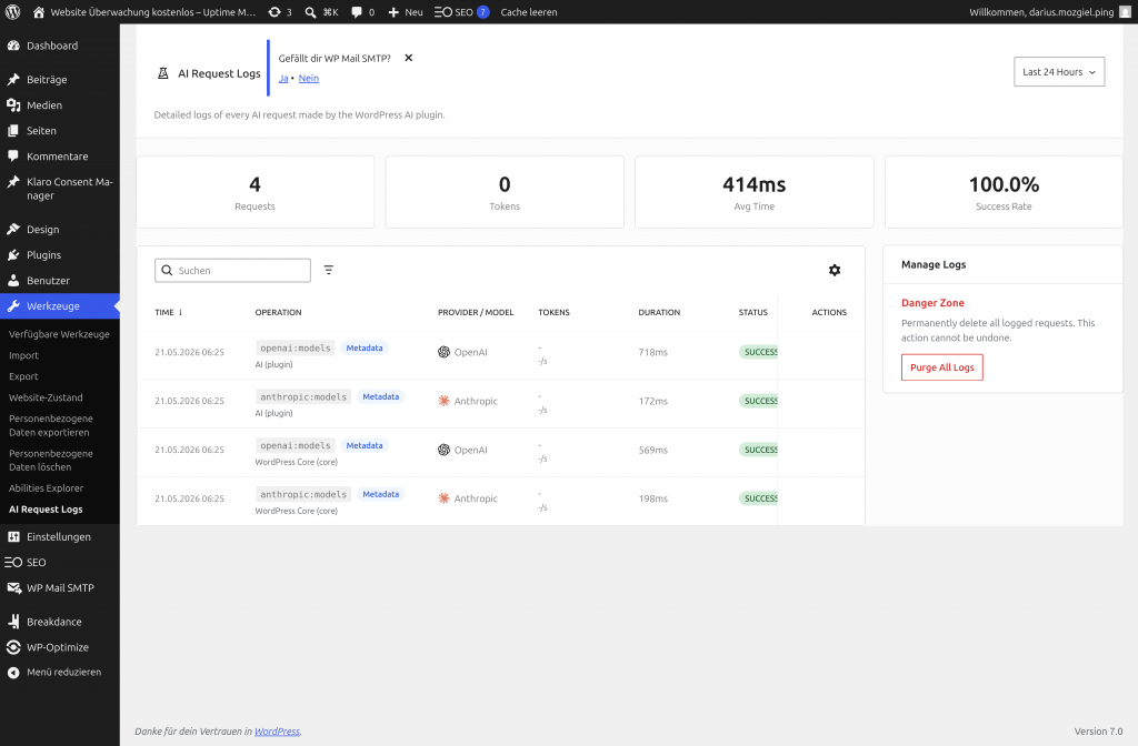 AI Request Logs Dashboard in WordPress 7.0 mit Kennzahlen zu Requests, Tokens, durchschnittlicher Antwortzeit und Success Rate sowie tabellarischer Ansicht der letzten Anfragen an OpenAI und Anthropic