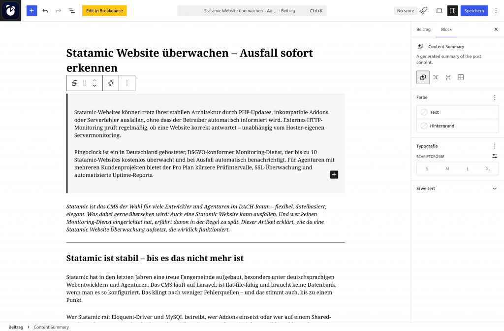 WordPress Block Editor mit aktiviertem Content Summary Block in der rechten Seitenleiste, der eine KI-generierte Zusammenfassung des Beitragsinhalts anzeigt