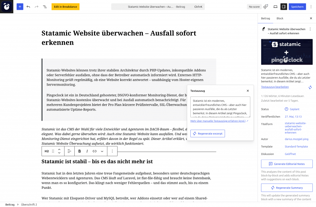 WordPress Block Editor mit geöffnetem Textauszug-Dialog, der einen KI-generierten Excerpt-Vorschlag für einen Beitrag über Statamic Website-Überwachung anzeigt