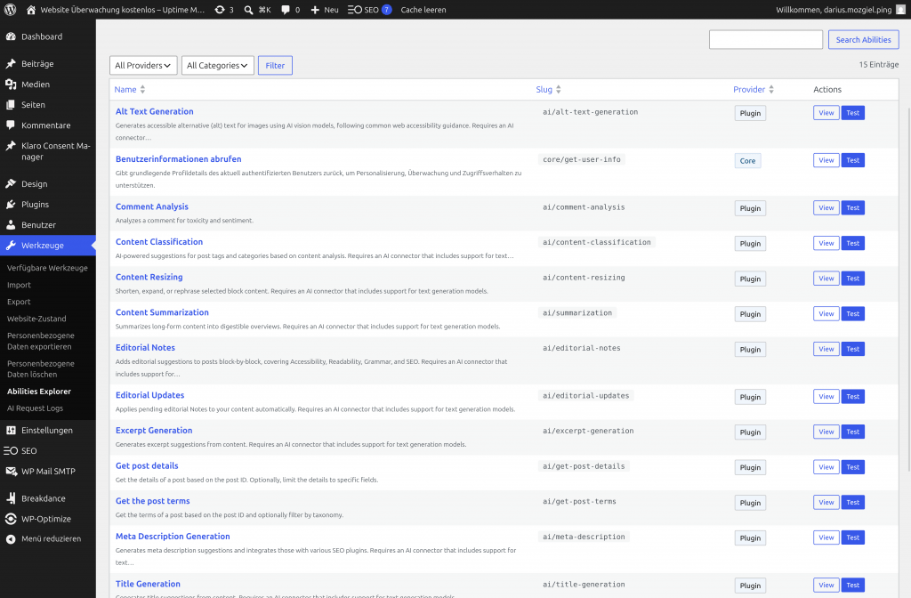 WordPress 7.0 Abilities Explorer unter Werkzeuge mit 15 registrierten Abilities wie Alt Text Generation, Comment Analysis, Content Classification und Excerpt Generation, jeweils mit Slug, Provider und Test-Button