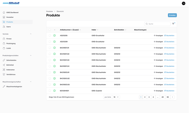 Filament-Adminbereich des GWS Produktfinders