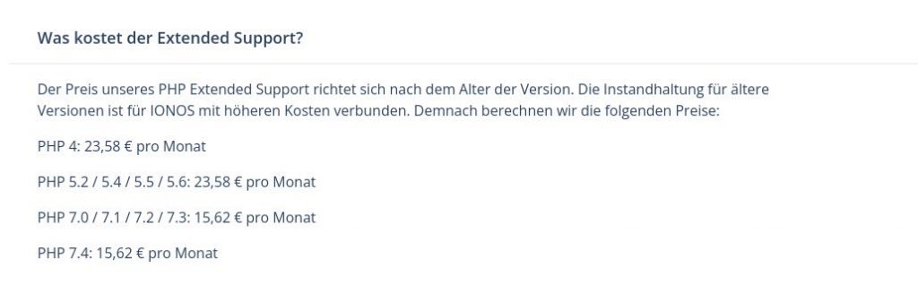 IONOS Extended Support für veraltete PHP-Versionen