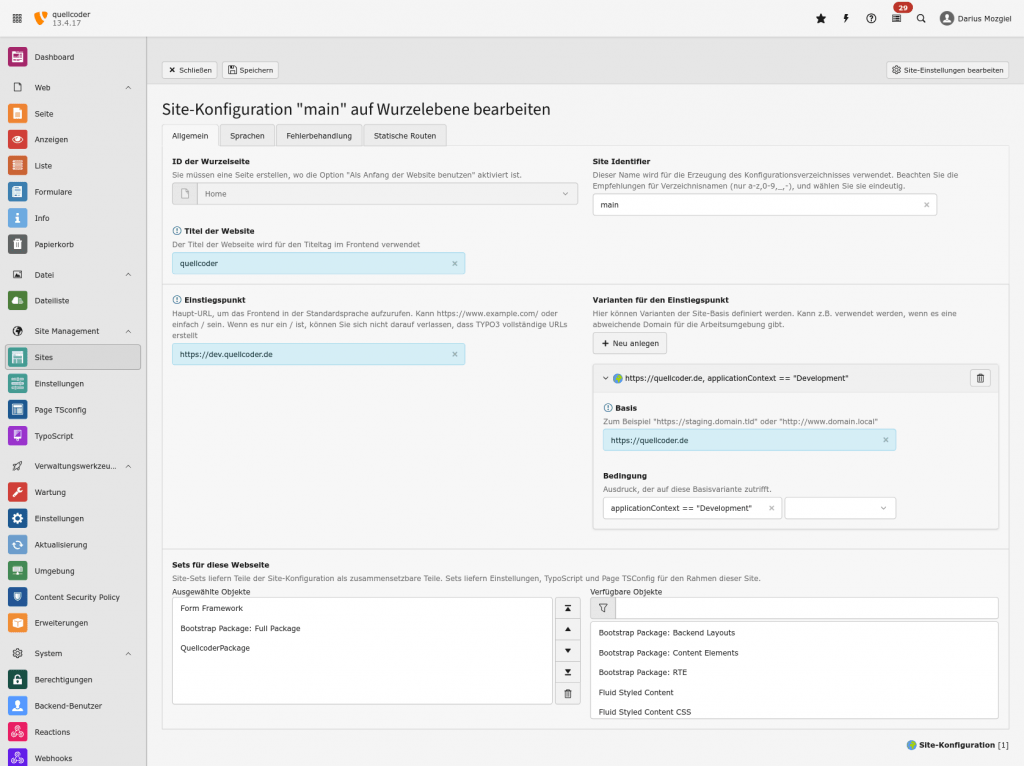 SiteSets in TYPO3 13 - Einstellungen der Website und Einbindung weiterer SiteSets