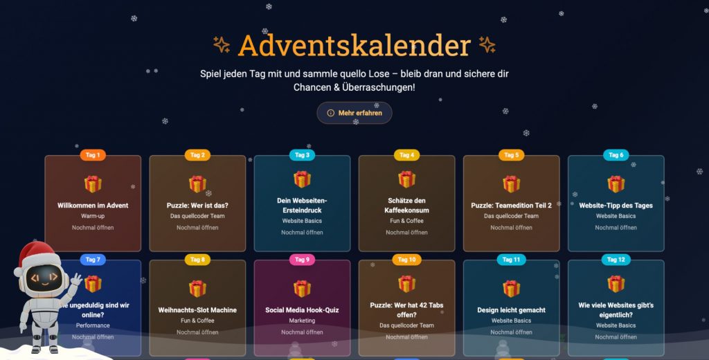 Screenshot einer Webseite, die einen Online-Adventskalender der Firma quellcoder zeigt. Oben steht die Überschrift "Adventskalender" mit dem Untertitel: "Spiel jeden Tag mit und sammle Lose - bleib dran und sichere dir Chancen & Überraschungen!". Darunter sind die ersten 12 Türchen (Tag 1 bis Tag 12) als quadratische Karten in einem Raster angeordnet. Die Titel der Türchen reichen von "Willkommen im Advent" über verschiedene Quizze und Puzzles ("Wer ist das? Das quellcoder Team", "Puzzle: Wer hat 42 Tabs offen?") bis hin zu Fachthemen wie "Dein Webseiten-Ersteindruck" und "Social Media Hook-Quiz". Unten links sitzt eine animierte Roboterfigur mit Weihnachtsmütze.