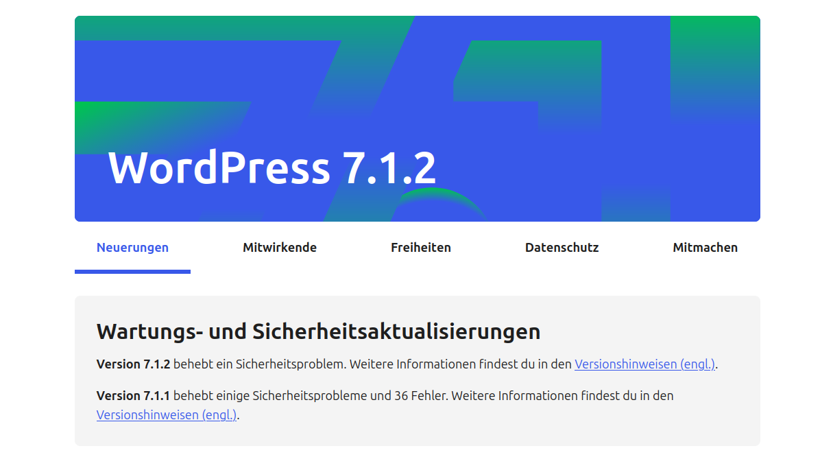 WordPress-Infoseite zu Version 7.1.2 mit dem Hinweis, dass die Version ein Sicherheitsproblem behebt