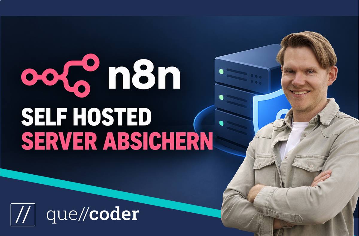 Darius Mozgiel vor einem abgesicherten Server mit Schutzschild neben dem n8n-Logo und dem Schriftzug Self Hosted Server absichern