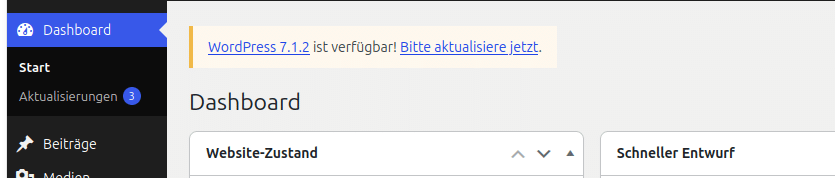 WordPress-Dashboard mit Hinweis, dass WordPress 7.1.2 verfügbar ist, und drei ausstehenden Aktualisierungen im Menü