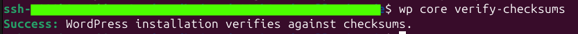 Terminal-Ausgabe von wp core verify-checksums mit der Erfolgsmeldung, dass die WordPress-Installation den Prüfsummen entspricht